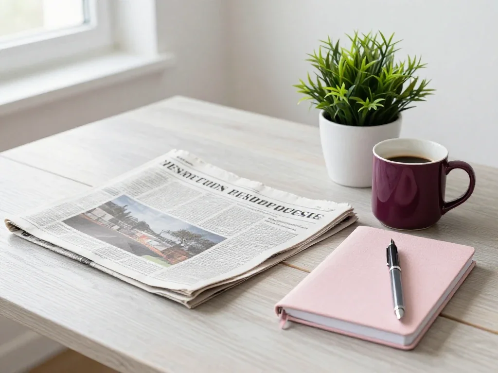 Espace de travail matinal avec journal, tasse prune et carnet rose pour l'inspiration quotidienne.